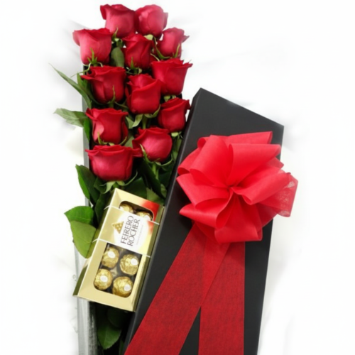 Caja de rosas rojas con chocolates ferrero